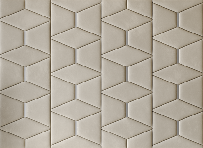Upholstered wall panels Prism with Silver metal inserts and Ivory finish, modern geometric design and acoustic comfort