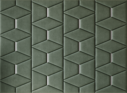 Upholstered wall panels Prism with Silver metal inserts and Olive finish, modern geometric design and acoustic comfort
