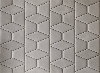 Upholstered wall panels Prism with Silver metal inserts and Pewter finish, modern geometric design and acoustic comfort
