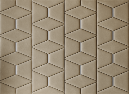 Upholstered wall panels Prism with Silver metal inserts and Sand finish, modern geometric design and acoustic comfort