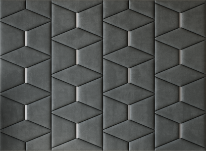 Upholstered wall panels Prism with Silver metal inserts and Seal finish, modern geometric design and acoustic comfort