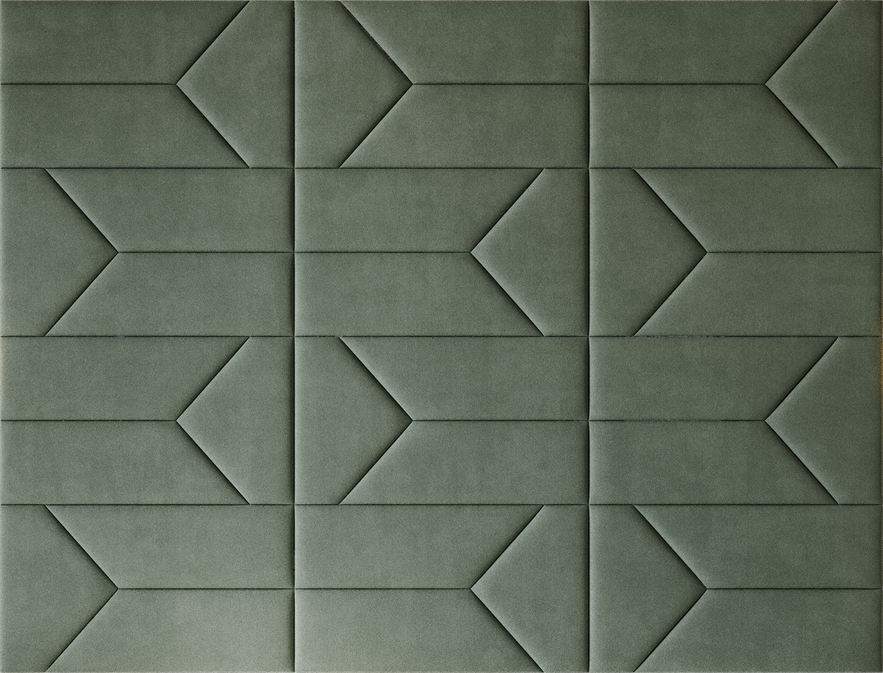 Upholstered wall panels Pulse in Olive finish, modern geometric design and acoustic comfort