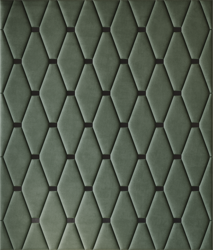 Upholstered wall panels Wave with Black metal inserts and Olive finish, modern geometric design and acoustic comfort