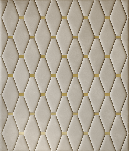 Upholstered wall panels Wave with Gold metal inserts and Ivory finish, modern geometric design and acoustic comfort
