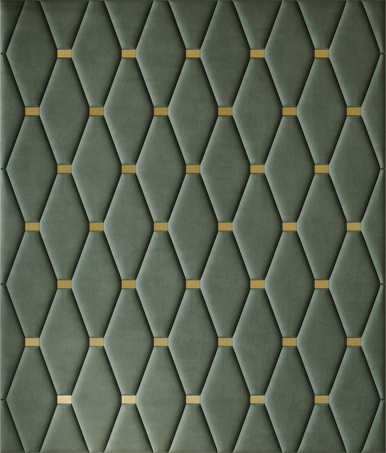 Upholstered wall panels Wave with Gold metal inserts and Olive finish, modern geometric design and acoustic comfort
