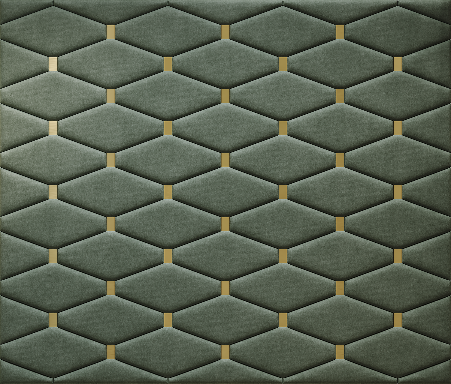 Upholstered wall panels Wave with Gold metal inserts and Olive finish, modern geometric design and acoustic comfort