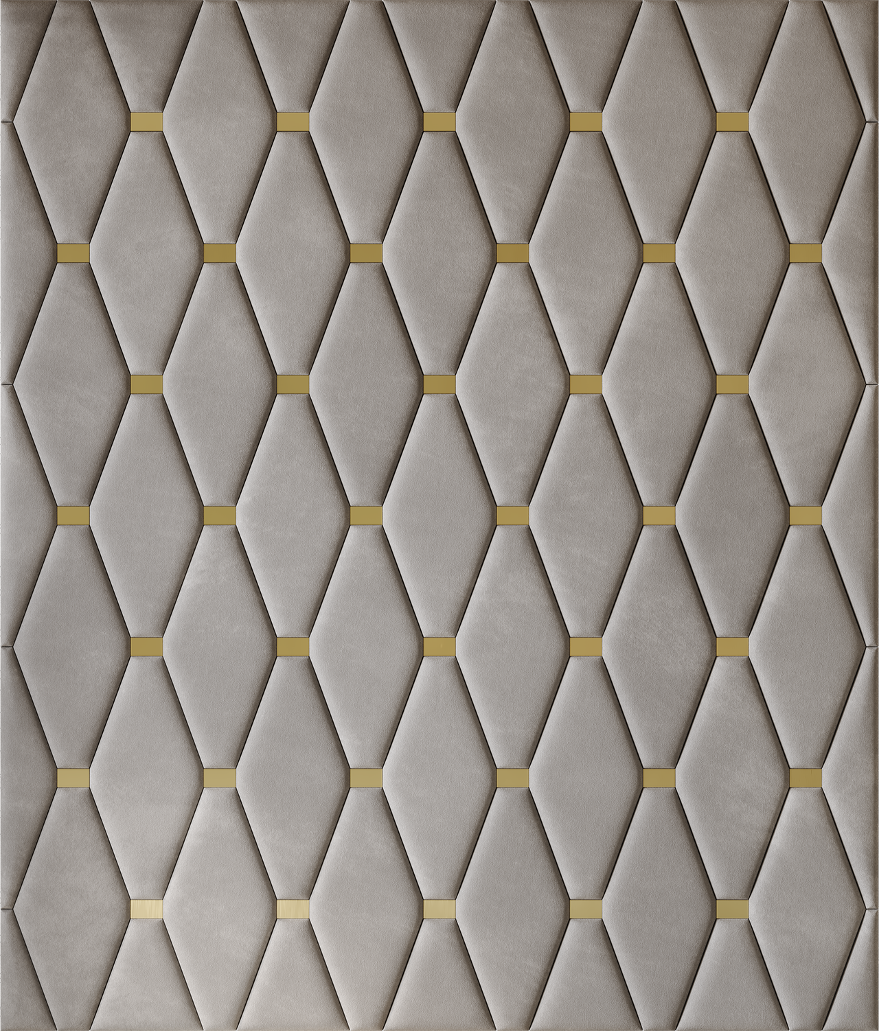 Upholstered wall panels Wave with Gold metal inserts and Pewter finish, modern geometric design and acoustic comfort