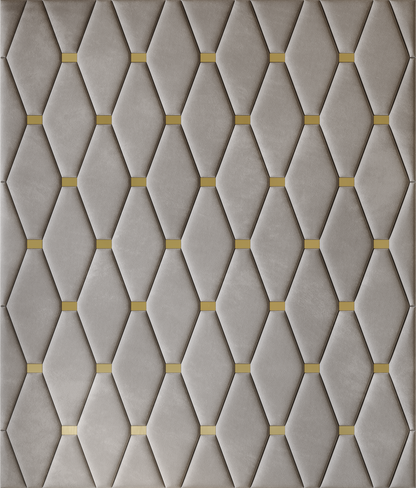 Upholstered wall panels Wave with Gold metal inserts and Pewter finish, modern geometric design and acoustic comfort