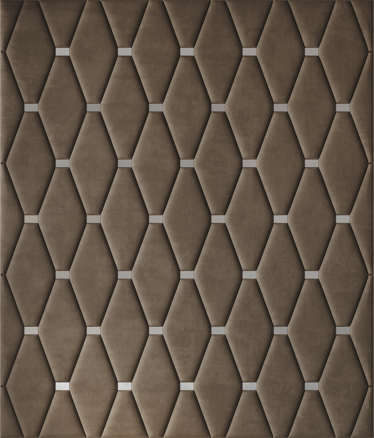Upholstered wall panels Wave with Silver metal inserts and Bark finish, modern geometric design and acoustic comfort