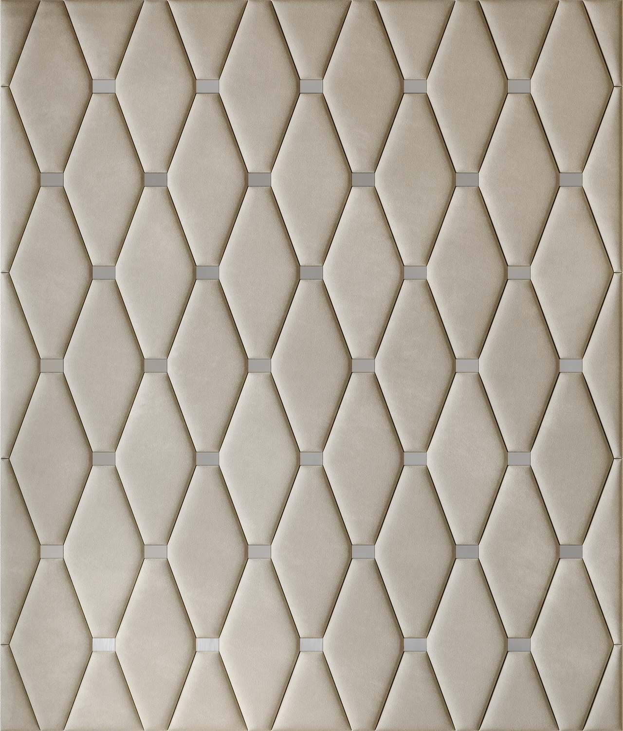 Upholstered wall panels Wave with Silver metal inserts and Ivory finish, modern geometric design and acoustic comfort