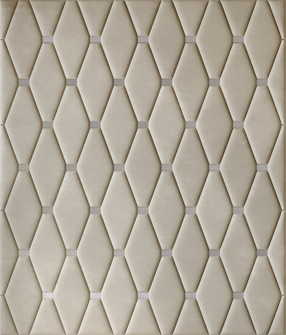 Upholstered wall panels Wave with Silver metal inserts and Ivory finish, modern geometric design and acoustic comfort