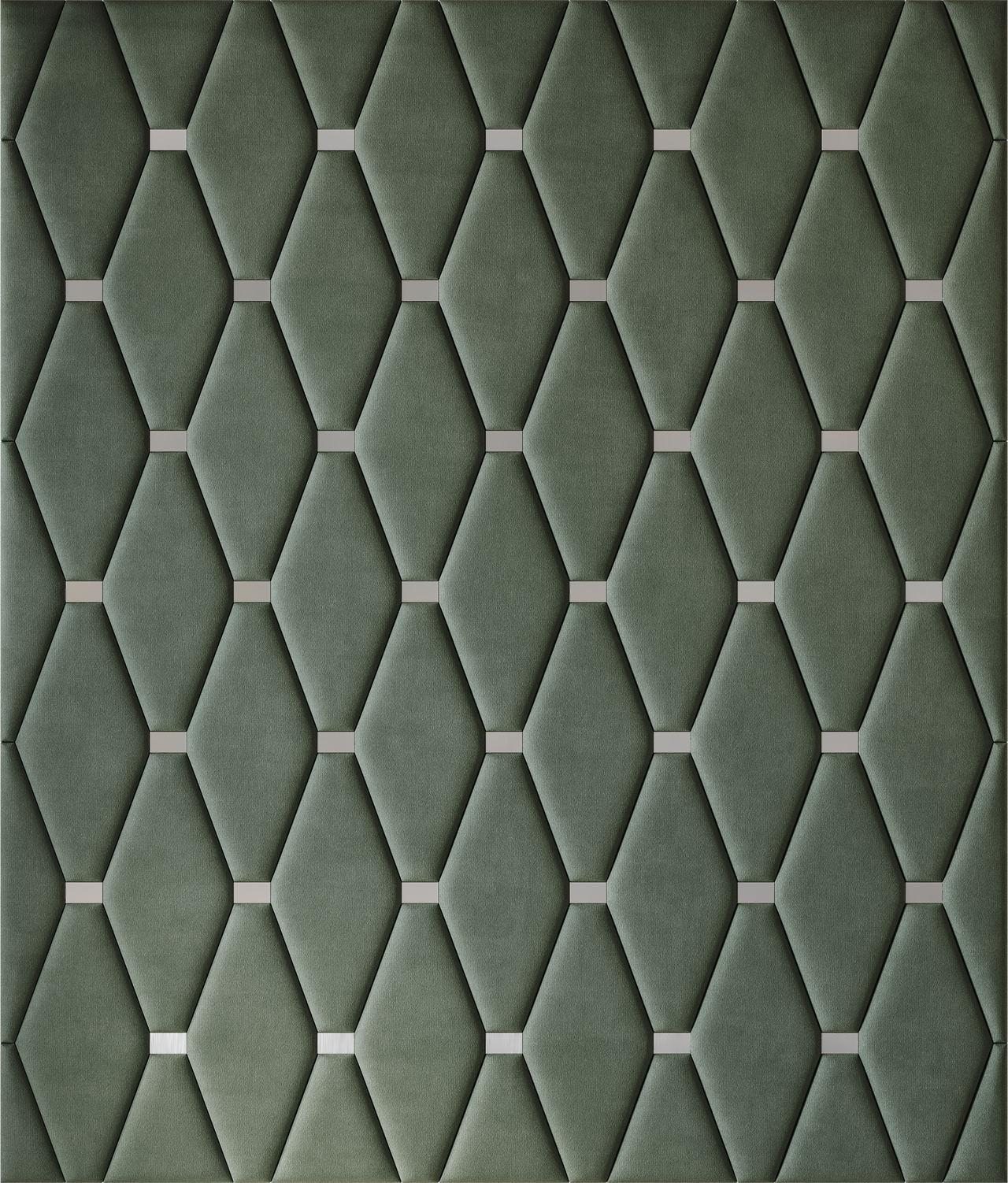 Upholstered wall panels Wave with Silver metal inserts and Olive finish, modern geometric design and acoustic comfort