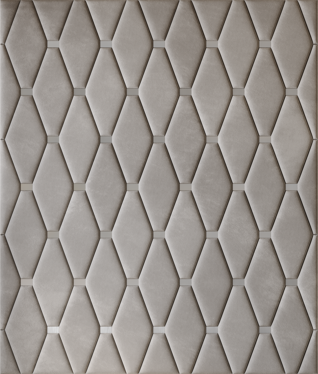 Upholstered wall panels Wave with Silver metal inserts and Pewter finish, modern geometric design and acoustic comfort