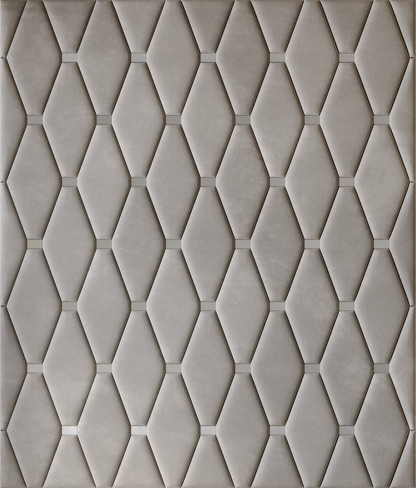 Upholstered wall panels Wave with Silver metal inserts and Pewter finish, modern geometric design and acoustic comfort