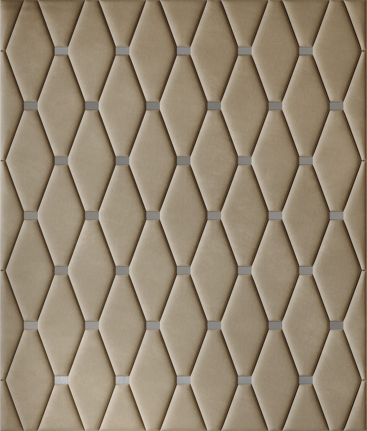 Upholstered wall panels Wave with Silver metal inserts and Sand finish, modern geometric design and acoustic comfort